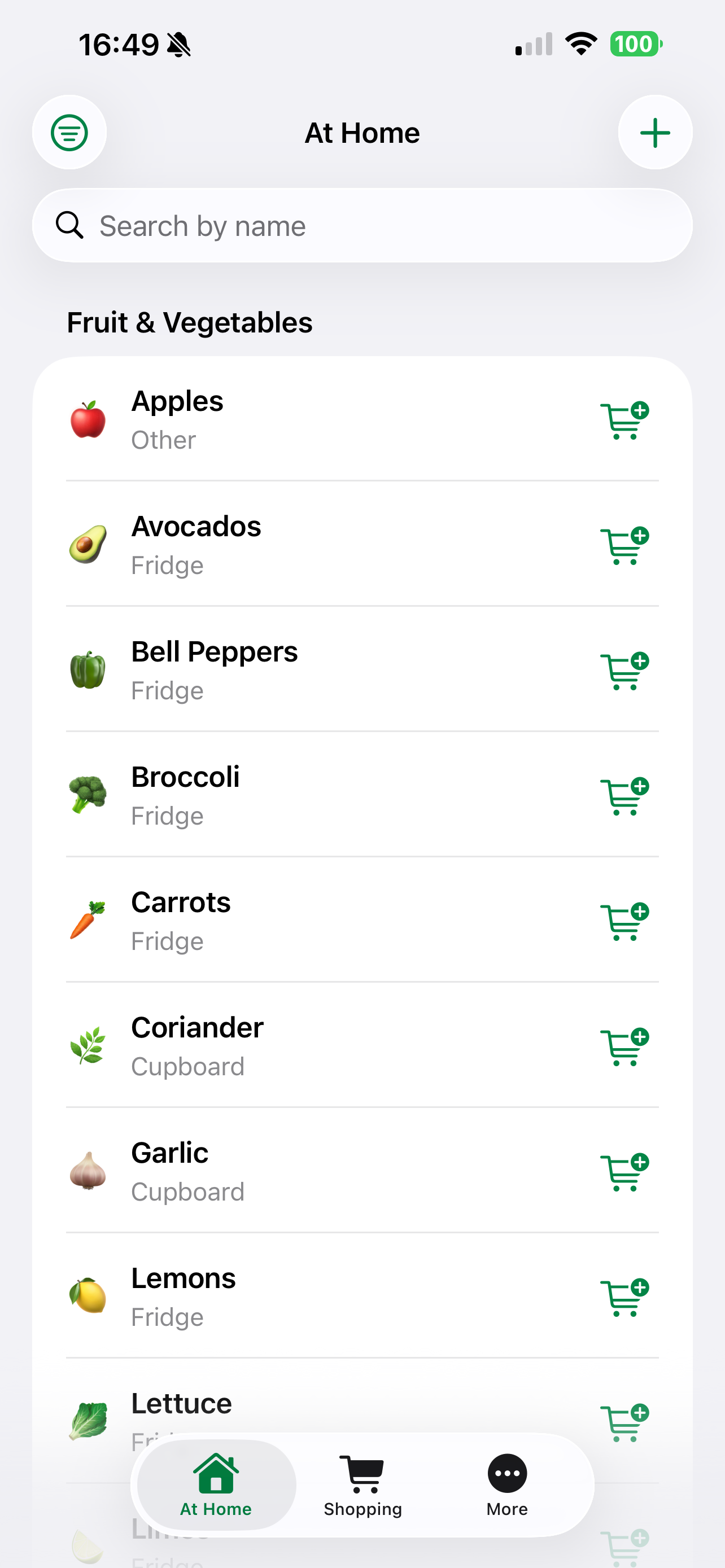 At Home: a shared inventory with storage locations and buttons to add items to Shopping.