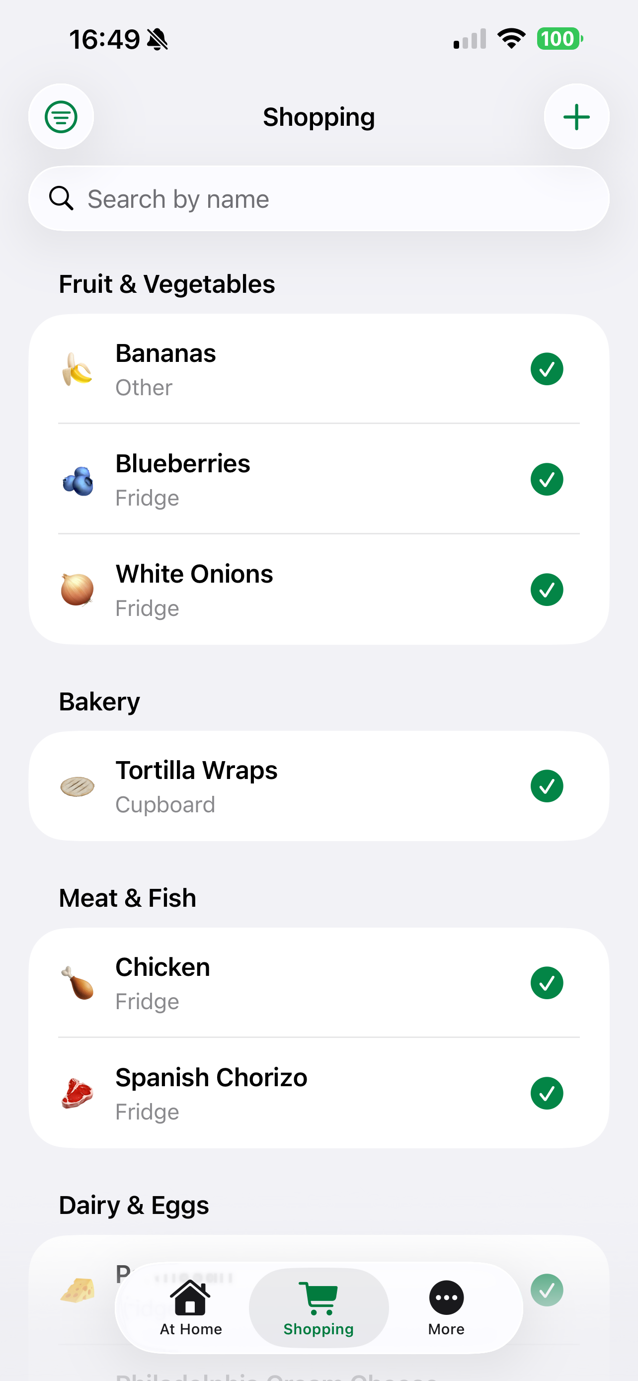 Shopping: groceries grouped by category, with buttons to mark each item as bought.